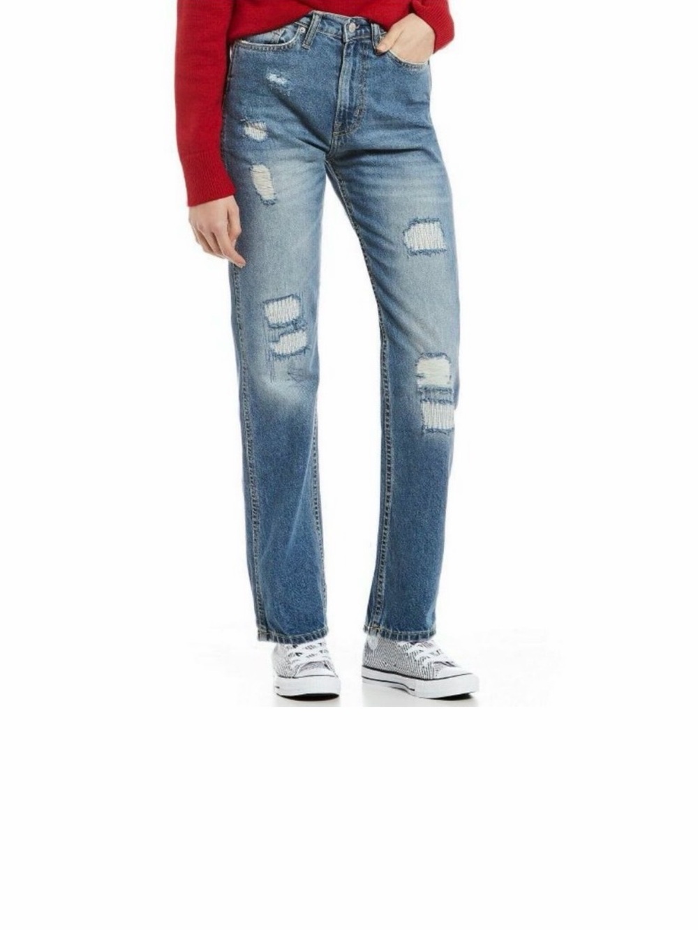 Calvin Klein Distressed Straight-Leg Jeans in Medium Blue